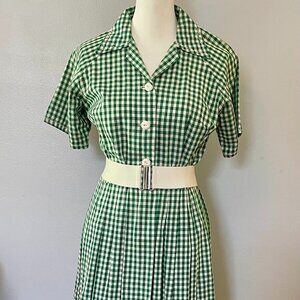 Vintage 1950s Green & White Gingham Day Dress
